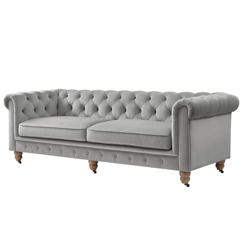 Londynn Sofa Grey Velvet 93L x 33.5W x 30.3H Button Tufted Rolled Arm