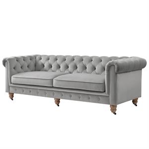 Londynn Sofa Grey Velvet 93L x 33.5W x 30.3H Button Tufted Rolled Arm