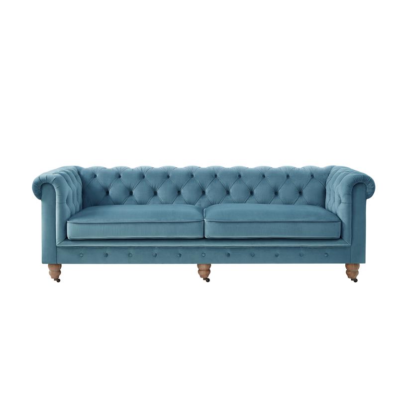 Londynn Sofa Teal Velvet 92L x 33.5W x 30.3H Button Tufted Rolled Arm