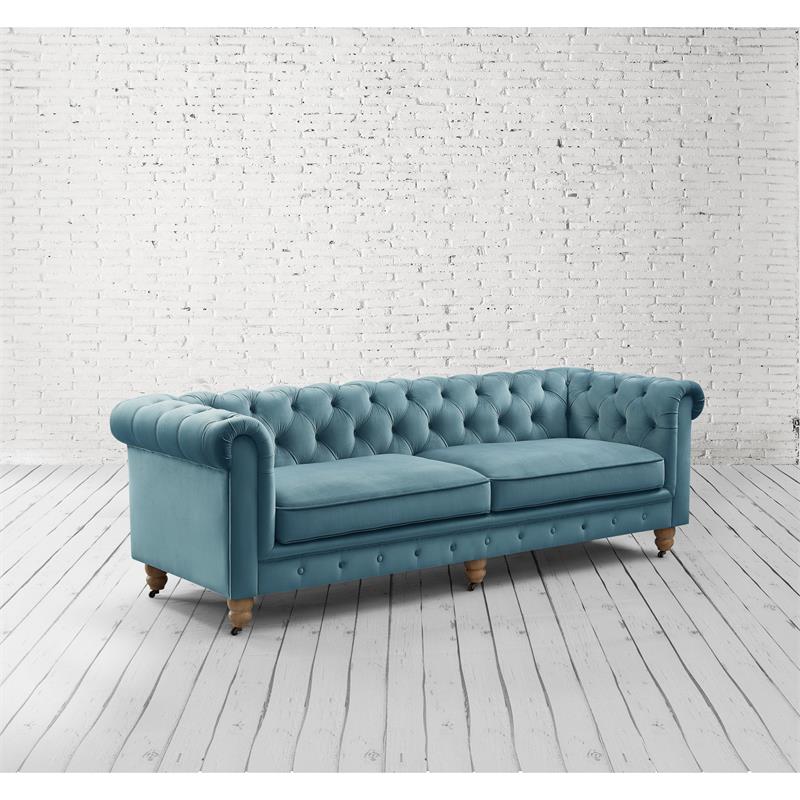 Londynn Sofa Teal Velvet 92L x 33.5W x 30.3H Button Tufted Rolled Arm