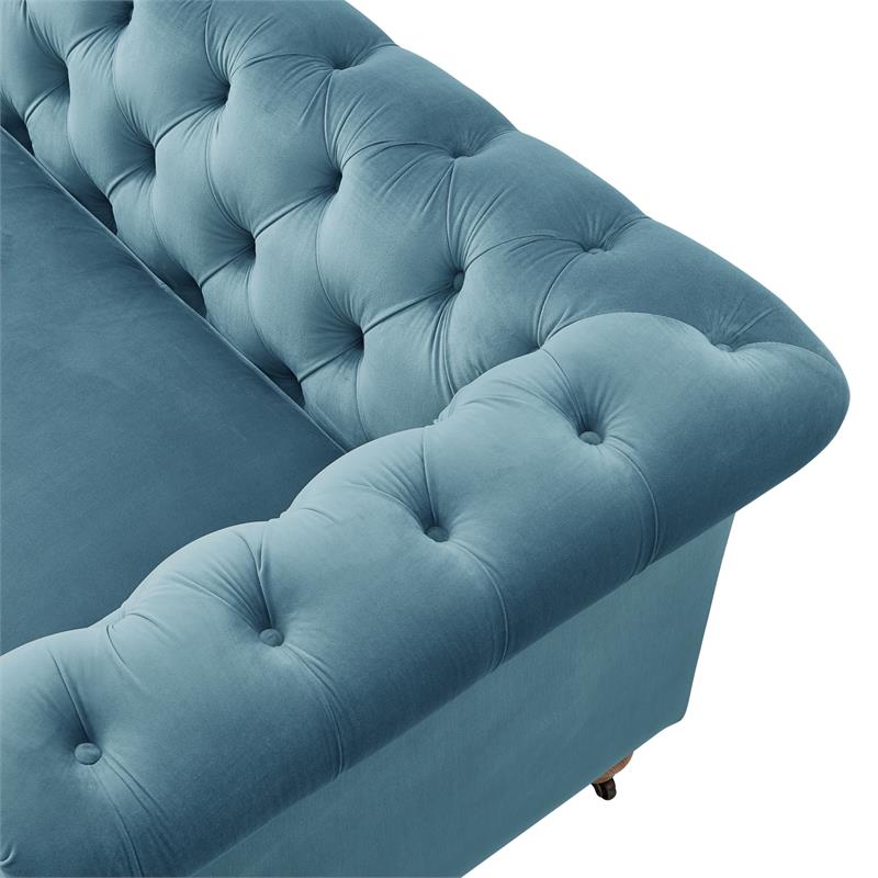 Londynn Sofa Teal Velvet 92L x 33.5W x 30.3H Button Tufted Rolled Arm