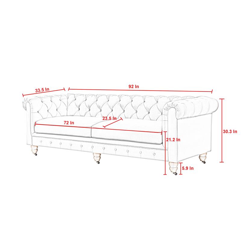 Londynn Sofa Teal Velvet 92L x 33.5W x 30.3H Button Tufted Rolled Arm