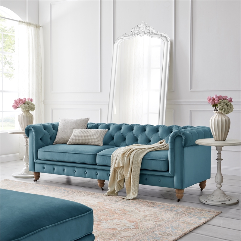 Londynn Sofa Teal Velvet 92L x 33.5W x 30.3H Button Tufted Rolled Arm