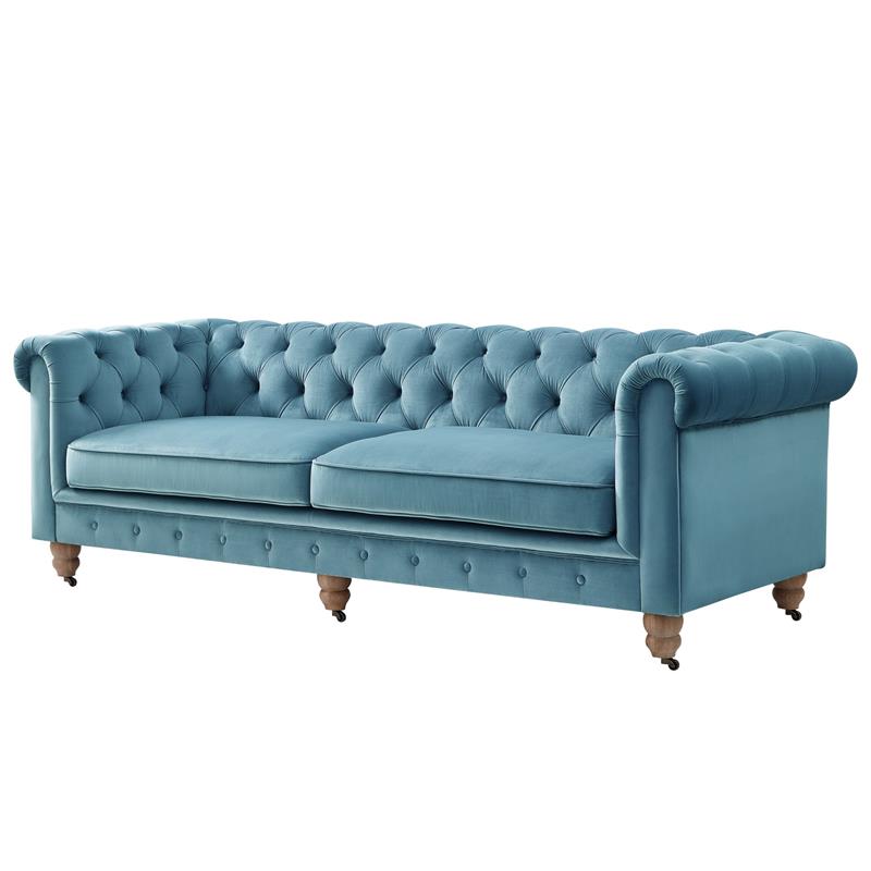 Londynn Sofa Teal Velvet 92L x 33.5W x 30.3H Button Tufted Rolled Arm