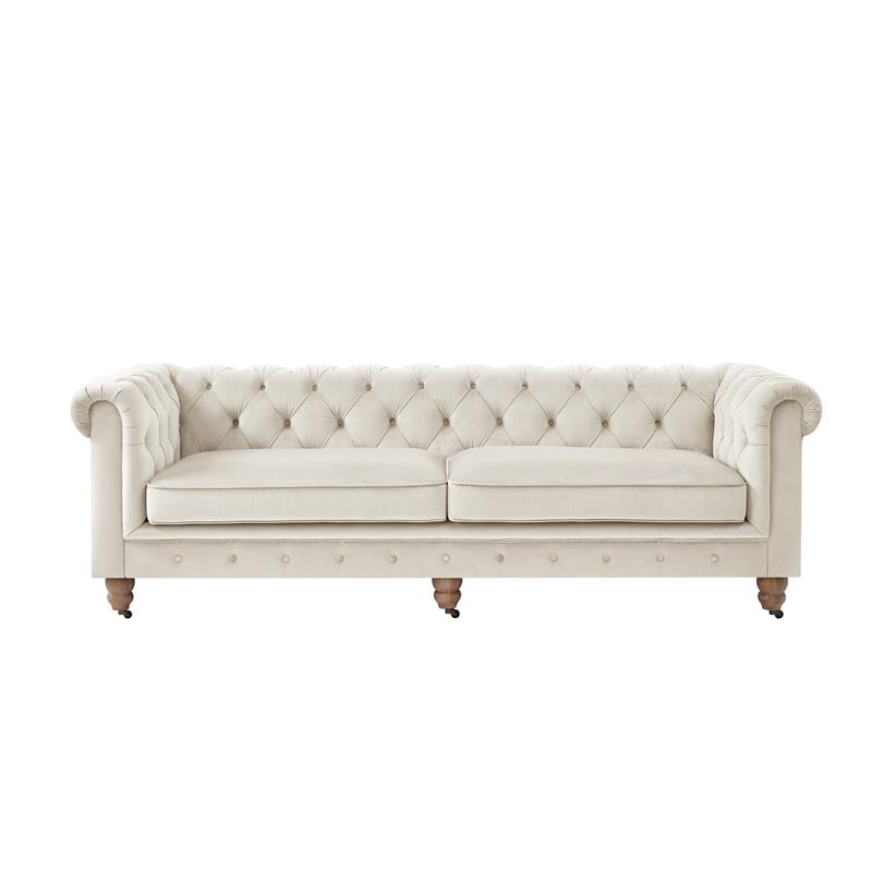 Londynn Sofa Beige Velvet 93L x 33.5W x 30.3H Button Tufted Rolled Arm