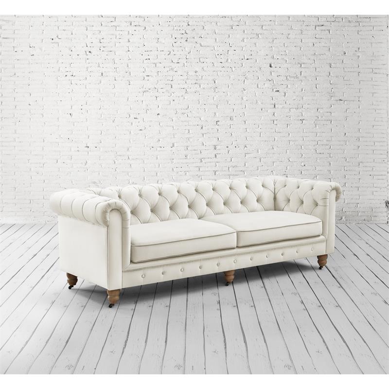 Londynn Sofa Beige Velvet 93L x 33.5W x 30.3H Button Tufted Rolled Arm