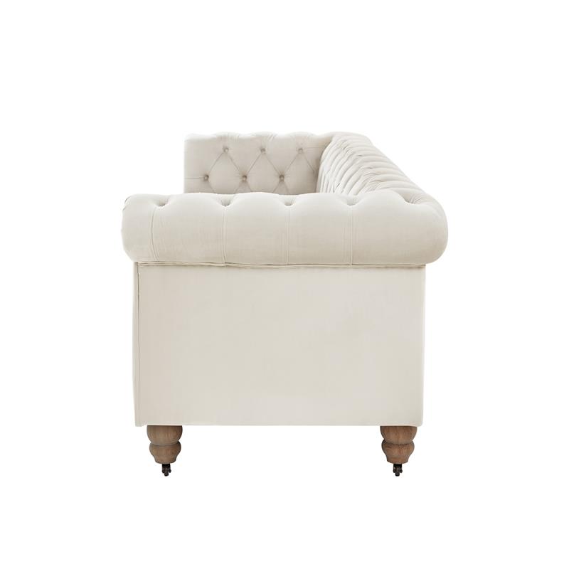 Londynn Sofa Beige Velvet 93L x 33.5W x 30.3H Button Tufted Rolled Arm