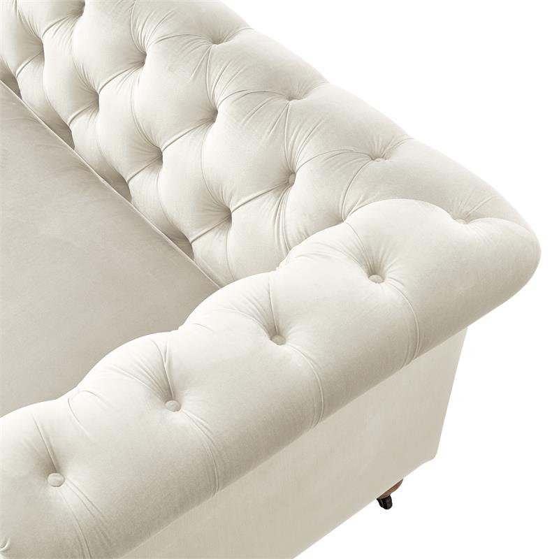 Londynn Sofa Beige Velvet 93L x 33.5W x 30.3H Button Tufted Rolled Arm