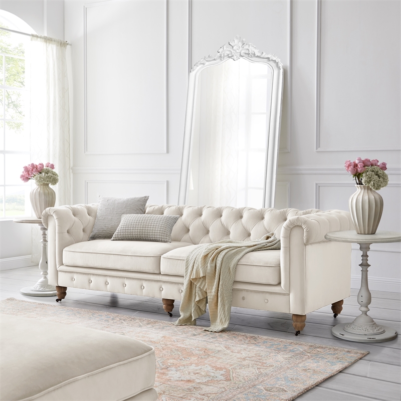 Londynn Sofa Beige Velvet 93L x 33.5W x 30.3H Button Tufted Rolled Arm