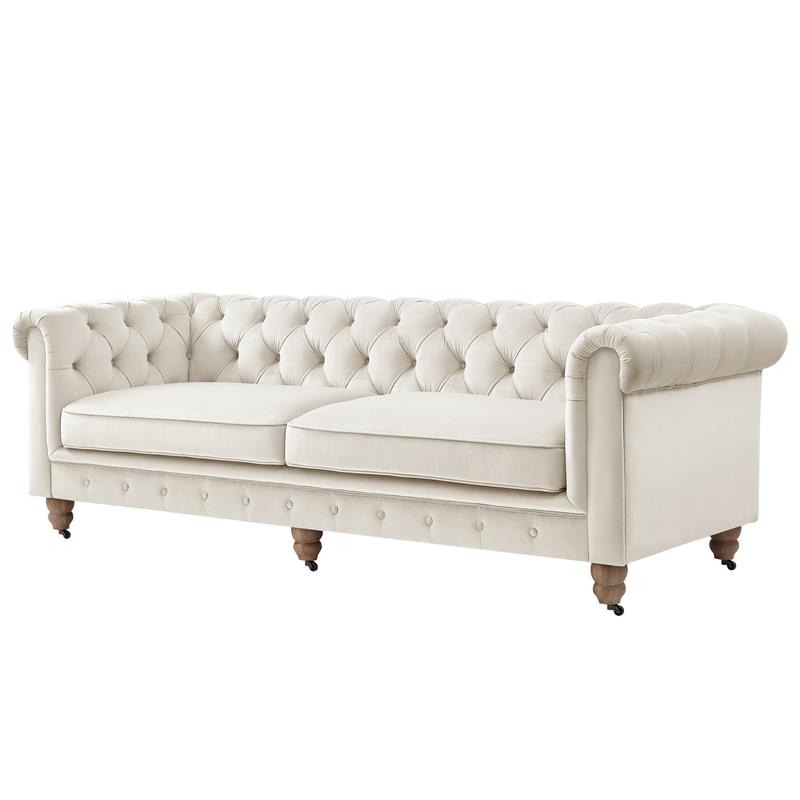 Londynn Sofa Beige Velvet 93L x 33.5W x 30.3H Button Tufted Rolled Arm