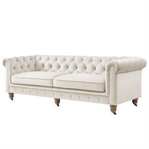 Londynn Sofa Beige Velvet 93L x 33.5W x 30.3H Button Tufted Rolled Arm