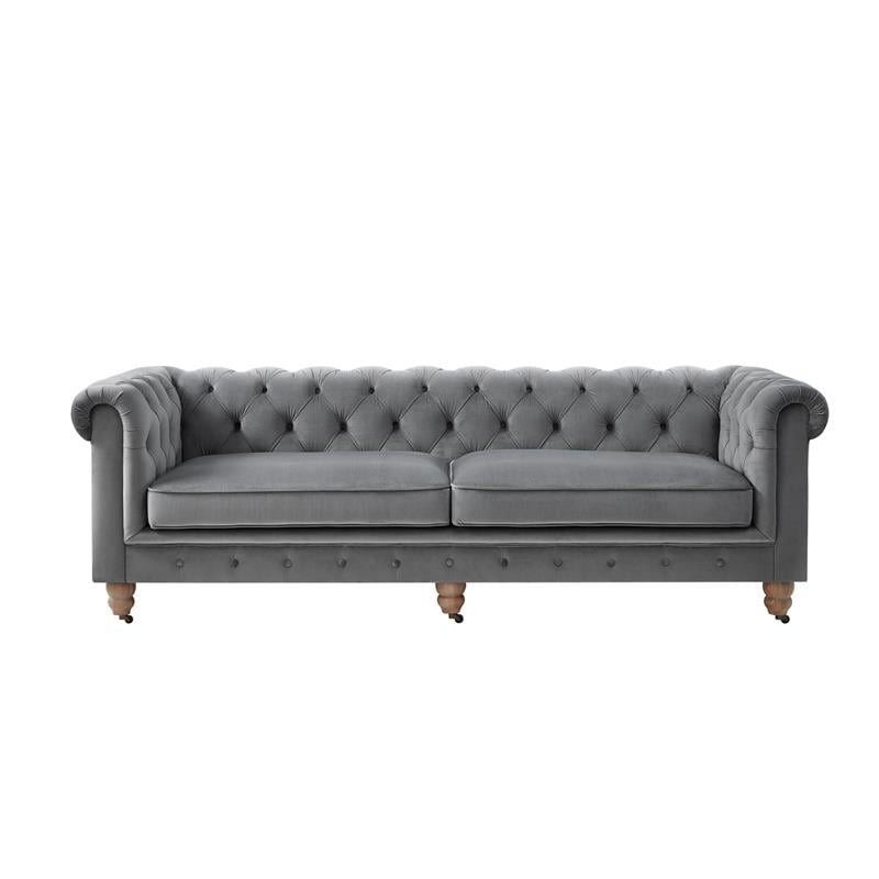 Londynn Sofa Dark Grey Velvet 93L x 33.5W x 30.3H Button Tufted Rolled Arm