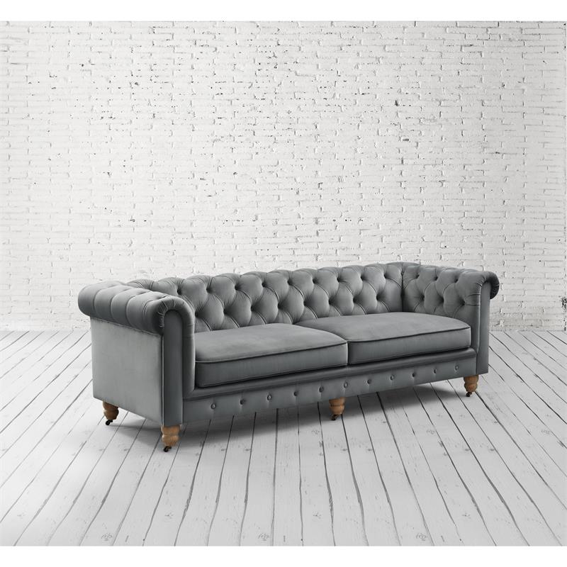 Londynn Sofa Dark Grey Velvet 93L x 33.5W x 30.3H Button Tufted Rolled Arm