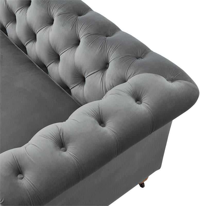 Londynn Sofa Dark Grey Velvet 93L x 33.5W x 30.3H Button Tufted Rolled Arm
