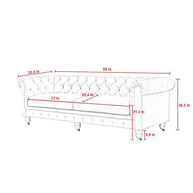 Londynn Sofa Dark Grey Velvet 93L x 33.5W x 30.3H Button Tufted Rolled Arm
