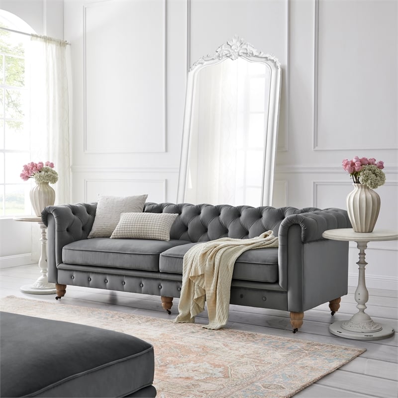 Londynn Sofa Dark Grey Velvet 93L x 33.5W x 30.3H Button Tufted Rolled Arm