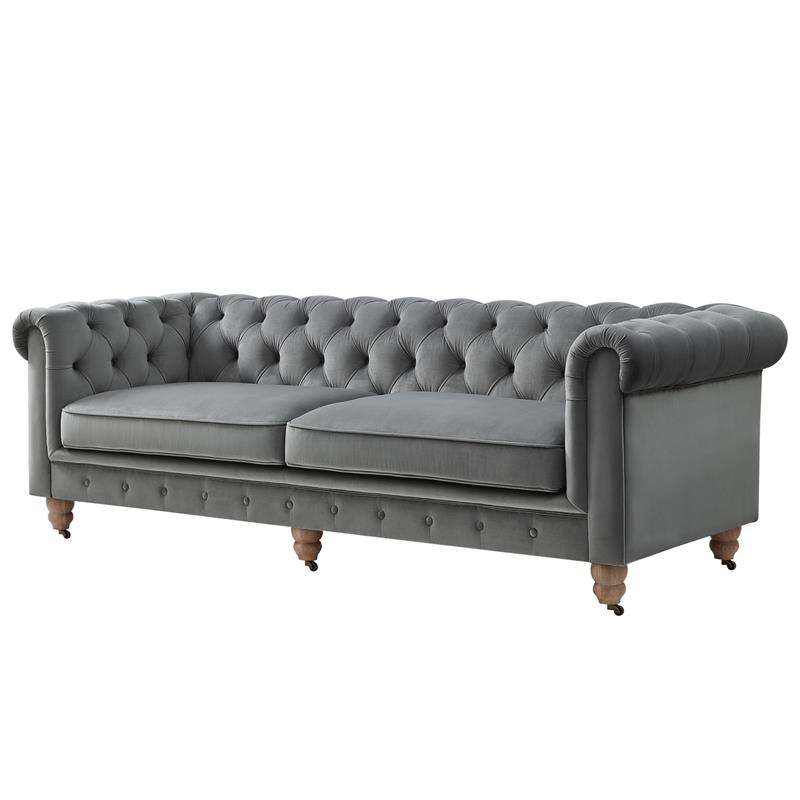 Londynn Sofa Dark Grey Velvet 93L x 33.5W x 30.3H Button Tufted Rolled Arm