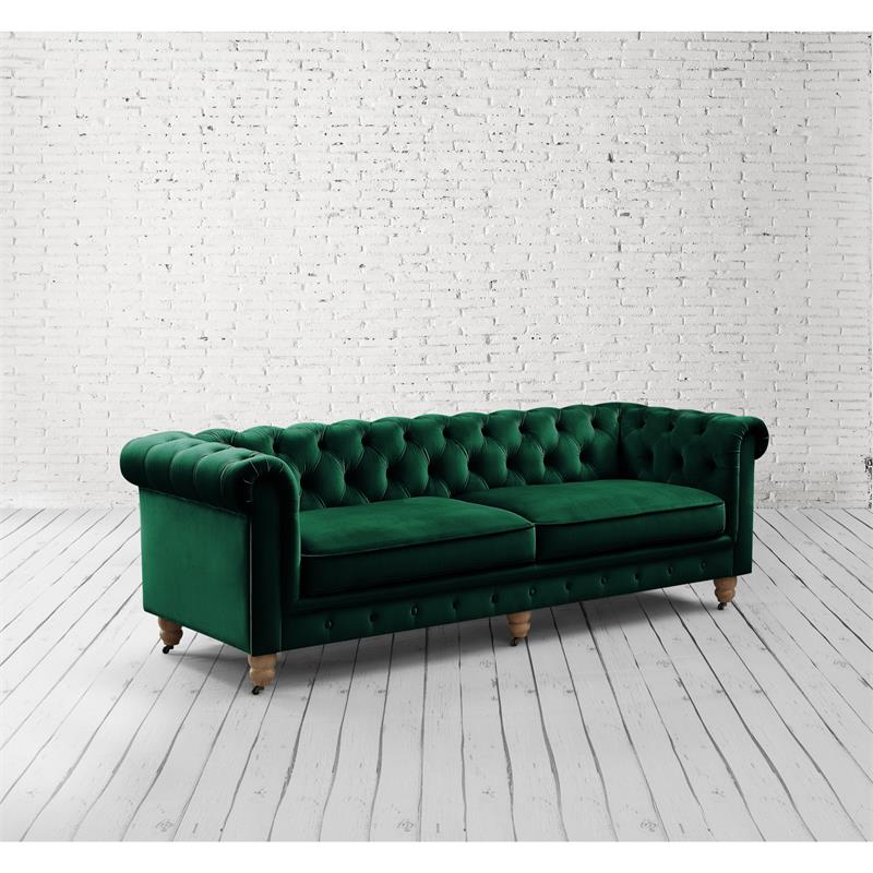 Londynn Sofa Hunter Green Velvet 93L x 33.5W x 30.3H Button Tufted Rolled Arm