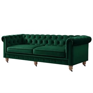 Londynn Sofa Hunter Green Velvet 93L x 33.5W x 30.3H Button Tufted Rolled Arm