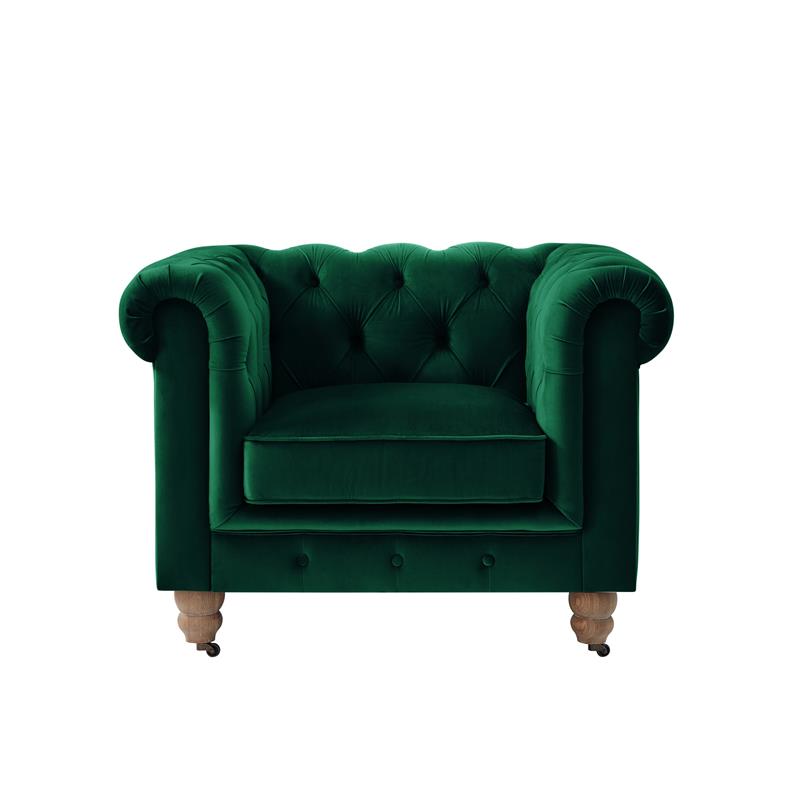 Londynn Club Chair Green Velvet 42L x 33.5W x 30.3H Button Tufted Rolled Arm