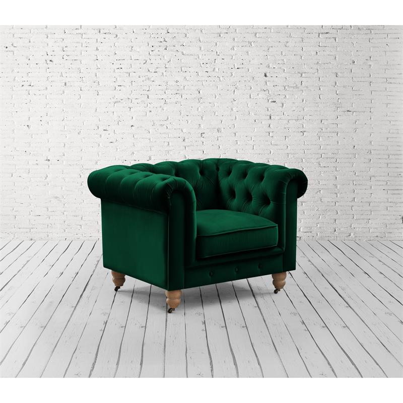 Londynn Club Chair Green Velvet 42L x 33.5W x 30.3H Button Tufted Rolled Arm