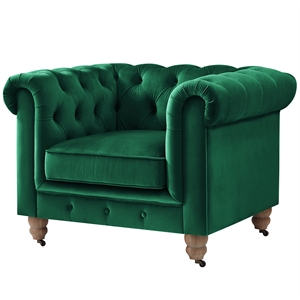 Londynn Club Chair Green Velvet 42L x 33.5W x 30.3H Button Tufted Rolled Arm