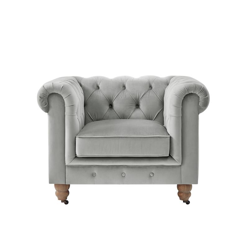 Londynn Club Chair Gray Velvet 42L x 33.5W x 30.3H Button Tufted Rolled Arm