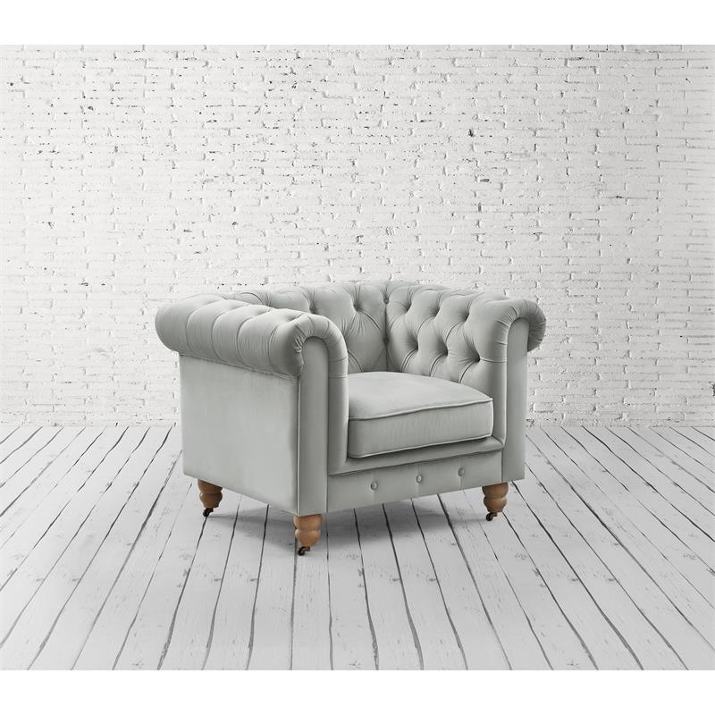 Londynn Club Chair Gray Velvet 42L x 33.5W x 30.3H Button Tufted Rolled Arm