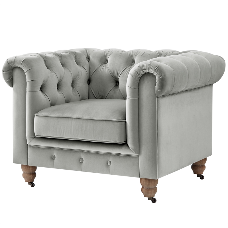 Londynn Club Chair Gray Velvet 42L x 33.5W x 30.3H Button Tufted Rolled Arm