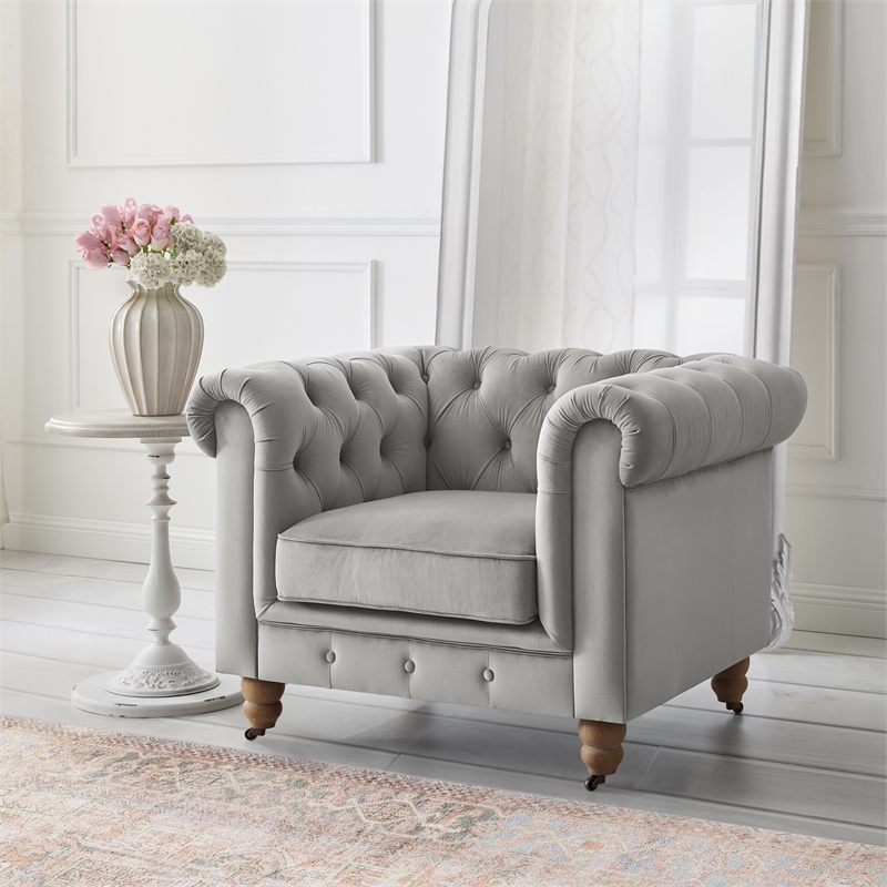 Londynn Club Chair Gray Velvet 42L x 33.5W x 30.3H Button Tufted Rolled Arm