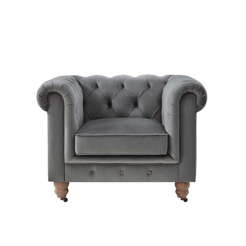 Londynn Club Chair Dark Gray Velvet 42L x 33.5W x 30.3H Button Tufted Rolled Arm