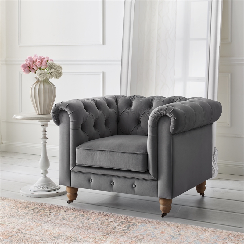 Londynn Club Chair Dark Gray Velvet 42L x 33.5W x 30.3H Button Tufted Rolled Arm