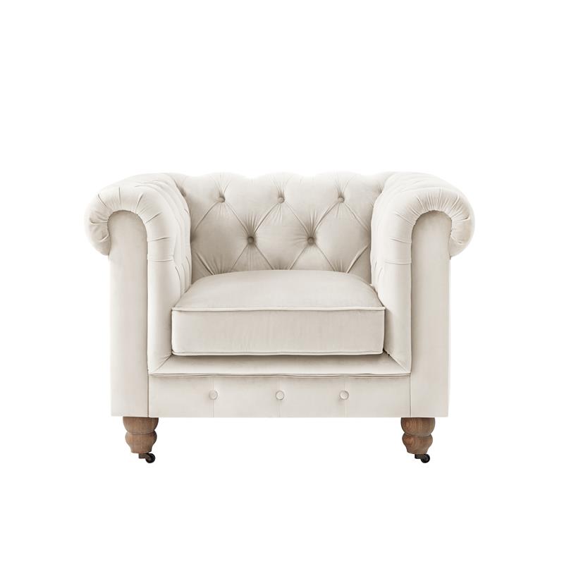 Londynn Club Chair Beige Velvet 42L x 33.5W x 30.3H Button Tufted Rolled Arm