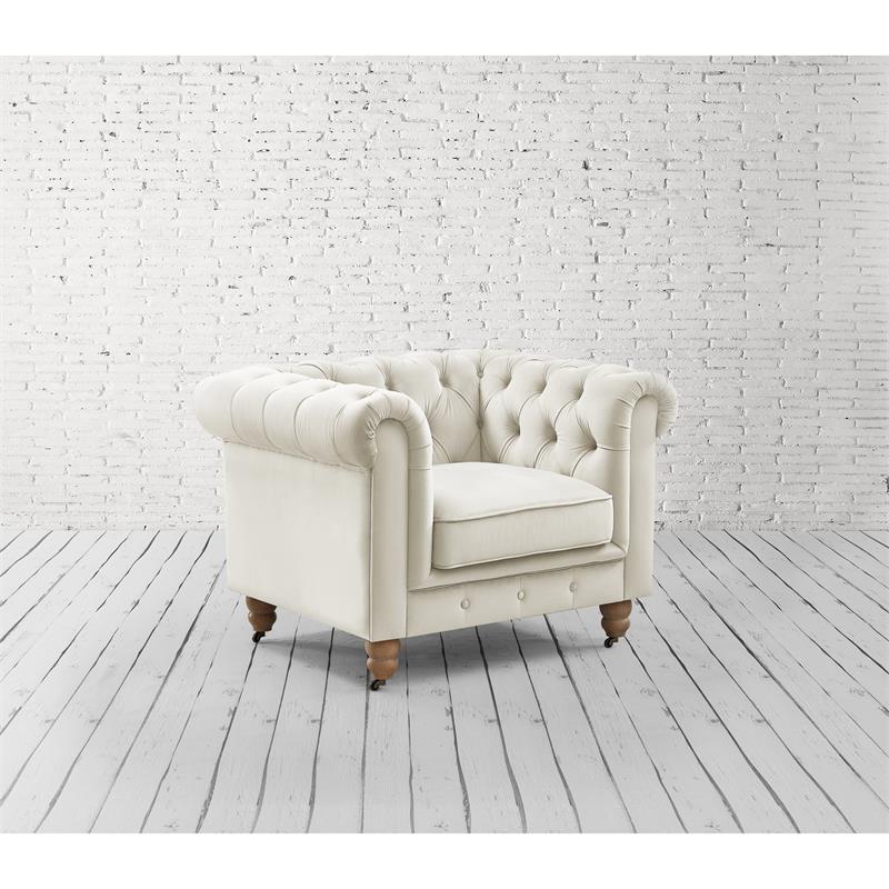 Londynn Club Chair Beige Velvet 42L x 33.5W x 30.3H Button Tufted Rolled Arm
