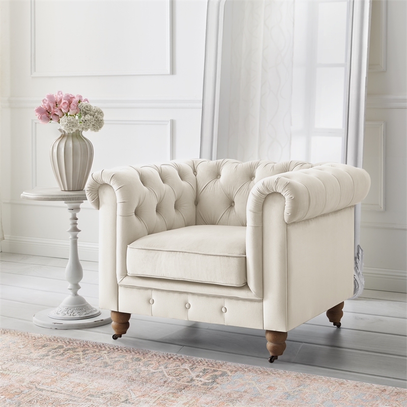 Londynn Club Chair Beige Velvet 42L x 33.5W x 30.3H Button Tufted Rolled Arm