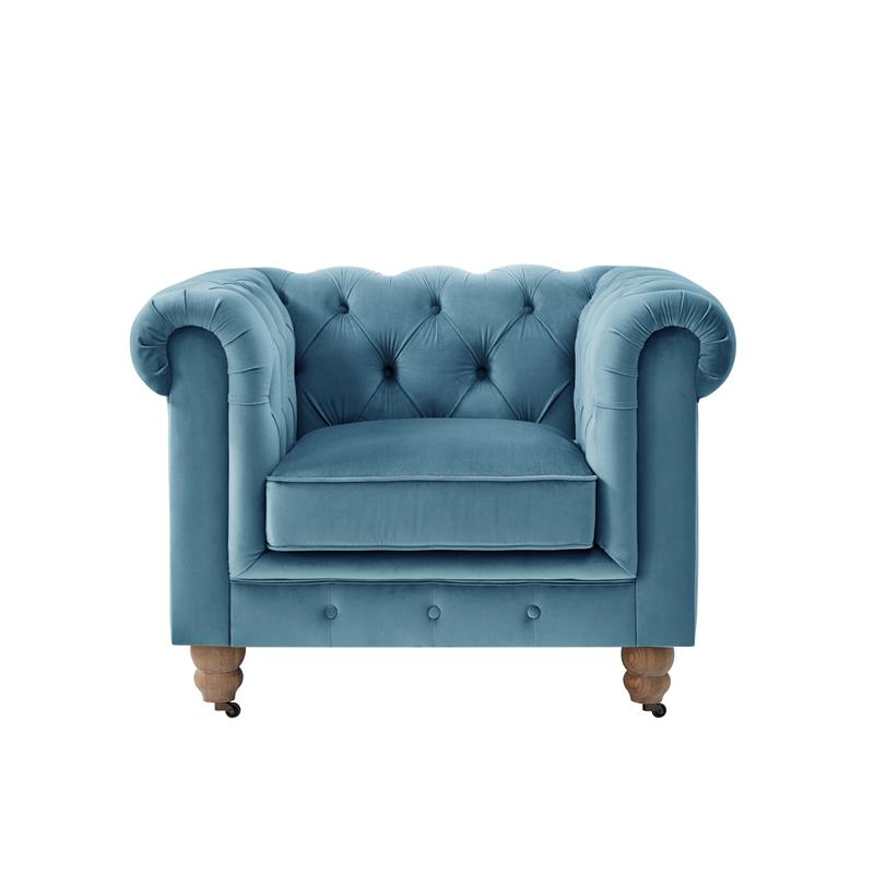 Londynn Club Chair Teal Blue Velvet 42L x 33.5W x 30.3H Button Tufted Rolled Arm