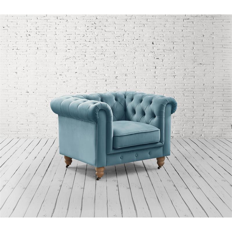 Londynn Club Chair Teal Blue Velvet 42L x 33.5W x 30.3H Button Tufted Rolled Arm