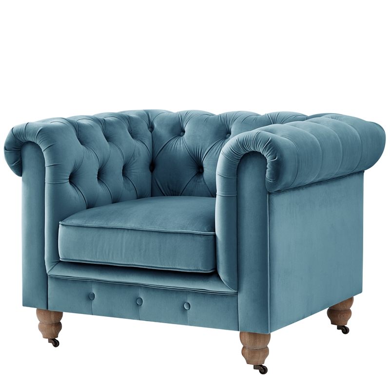 Londynn Club Chair Teal Blue Velvet 42L x 33.5W x 30.3H Button Tufted Rolled Arm