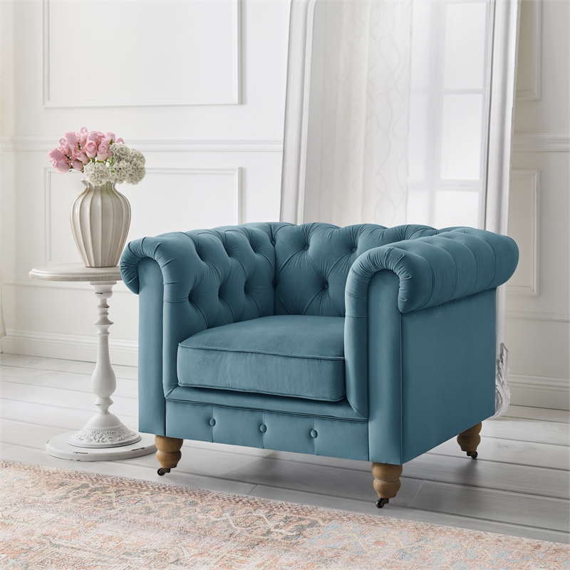 Londynn Club Chair Teal Blue Velvet 42L x 33.5W x 30.3H Button Tufted Rolled Arm