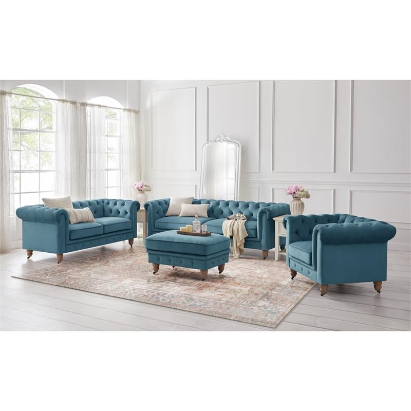Londynn Cocktail Ottoman Teal Blue Velvet 36L x 25W x 20H Button Tufted