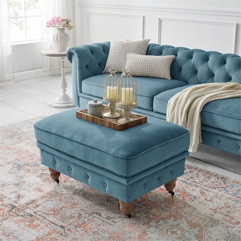 Londynn Cocktail Ottoman Teal Blue Velvet 36L x 25W x 20H Button Tufted