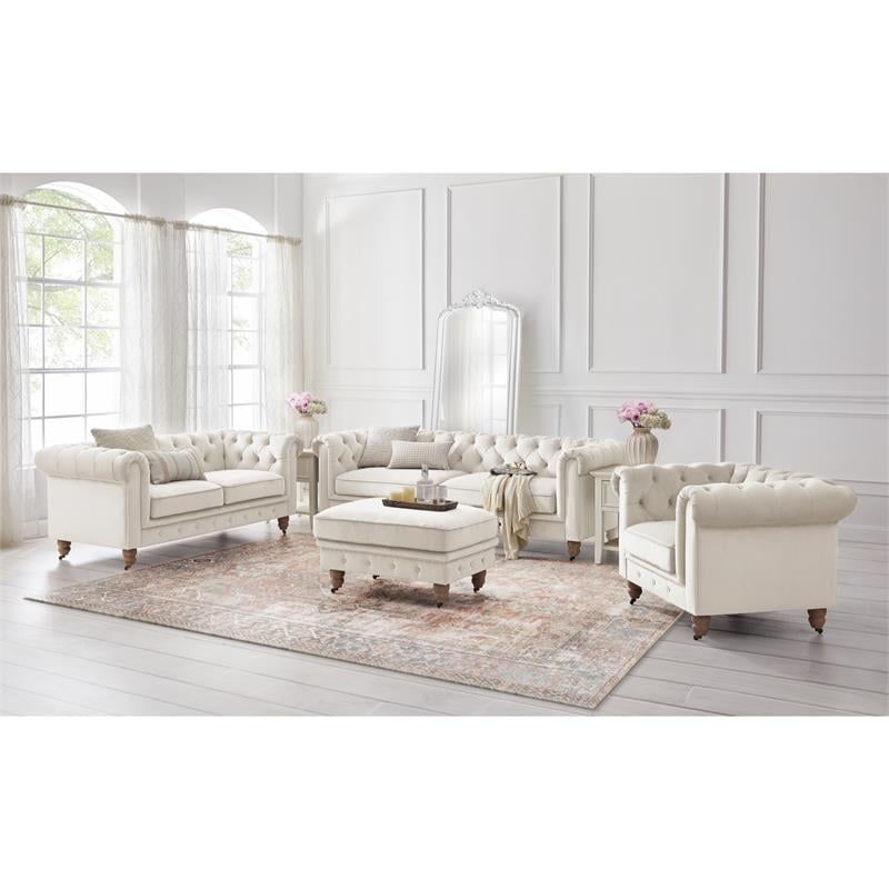 Londynn Cocktail Ottoman Beige Velvet 36L x 25W x 20H Button Tufted