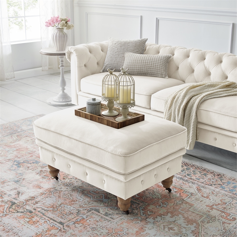 Londynn Cocktail Ottoman Beige Velvet 36L x 25W x 20H Button Tufted