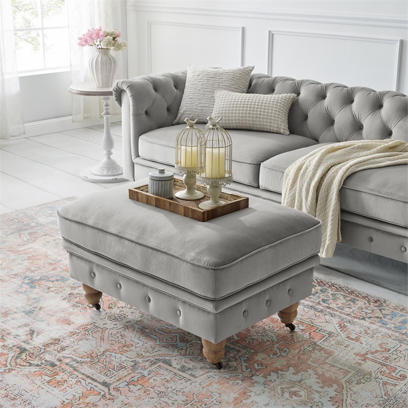 Londynn Cocktail Ottoman Gray Velvet 36L x 25W x 20H Button Tufted