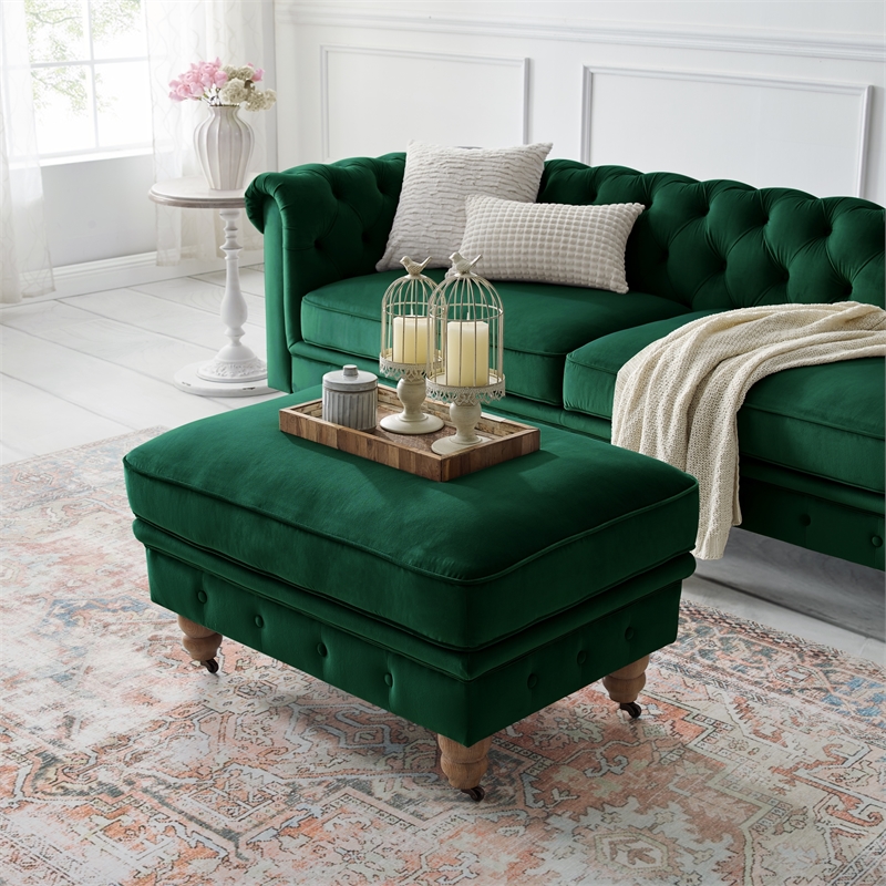Londynn Cocktail Ottoman Hunter Green Velvet 36L x 25W x 20H Button Tufted