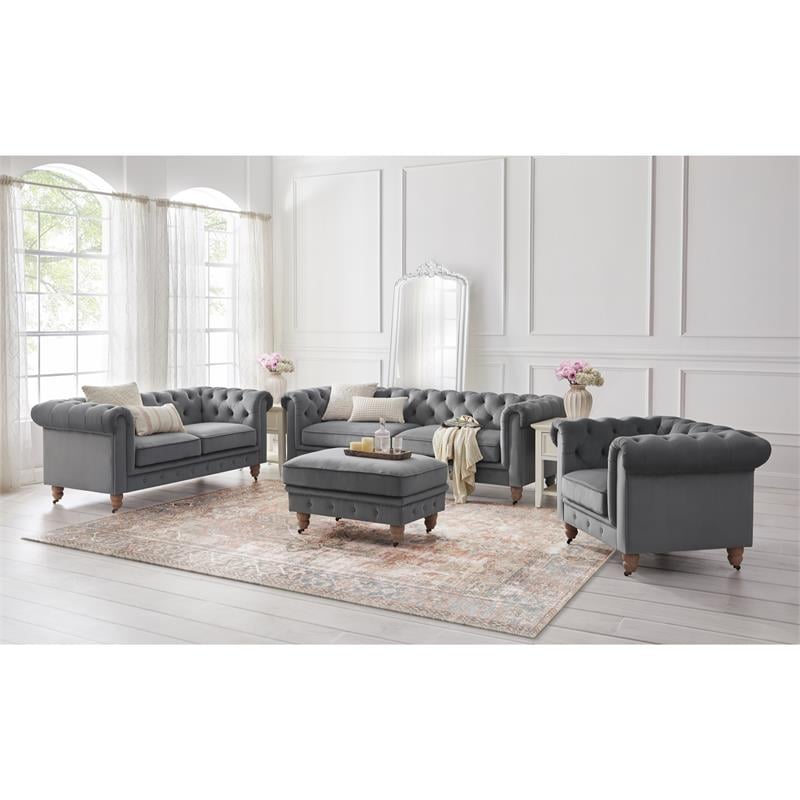 Londynn Loveseat Dark Grey Velvet 71L x 33.5W x 30.3H Button Tufted Rolled Arm