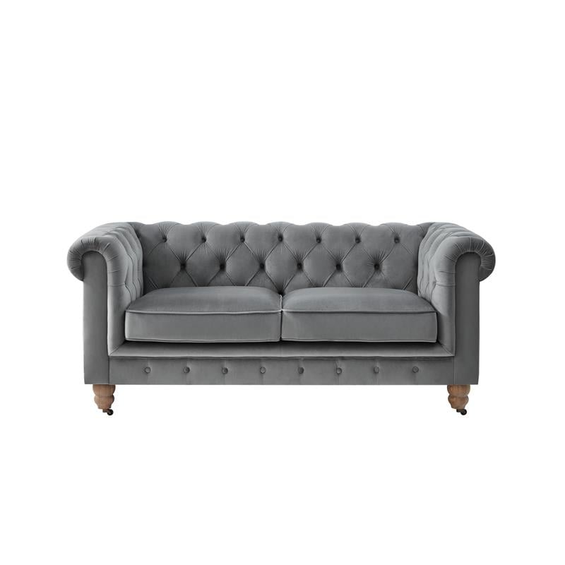 Londynn Loveseat Dark Grey Velvet 71L x 33.5W x 30.3H Button Tufted Rolled Arm