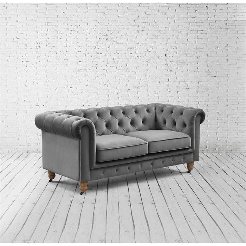 Londynn Loveseat Dark Grey Velvet 71L x 33.5W x 30.3H Button Tufted Rolled Arm