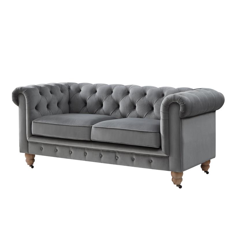Londynn Loveseat Dark Grey Velvet 71L x 33.5W x 30.3H Button Tufted Rolled Arm