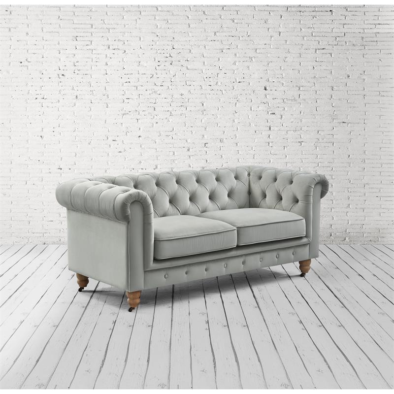 Londynn Loveseat Grey Velvet 71L x 33.5W x 30.3H Button Tufted Rolled Arm